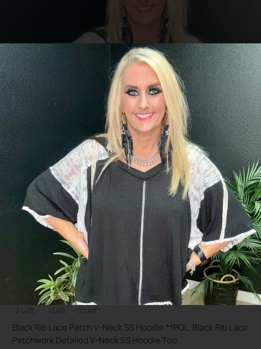 POL Black & White Lace-Trim V-Neck Short Sleeve Hoodie